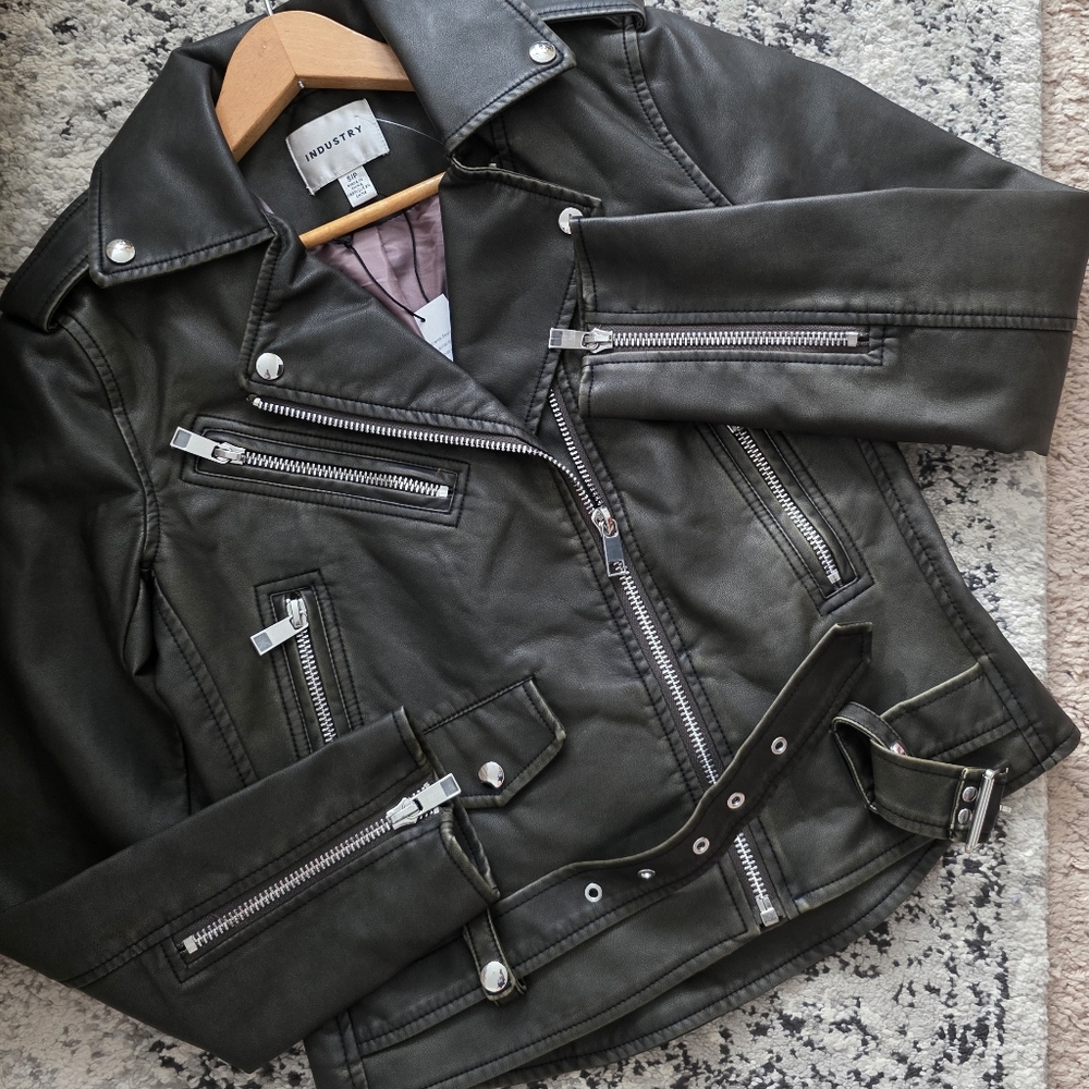Industry Moto Biker Faux Leather Jacket Faded Dark Gray Womens S NWT Grunge Goth